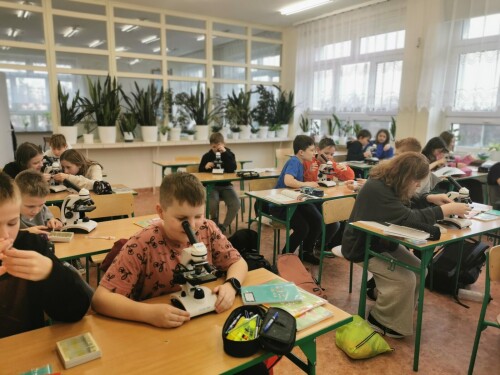 Uczniowie na lekcji siedzący w ławkach i korzystający z mikroskopów
