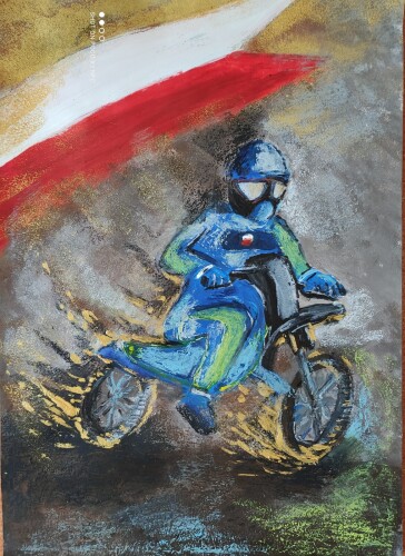 Obraz przedstawiający człowieka na motorze